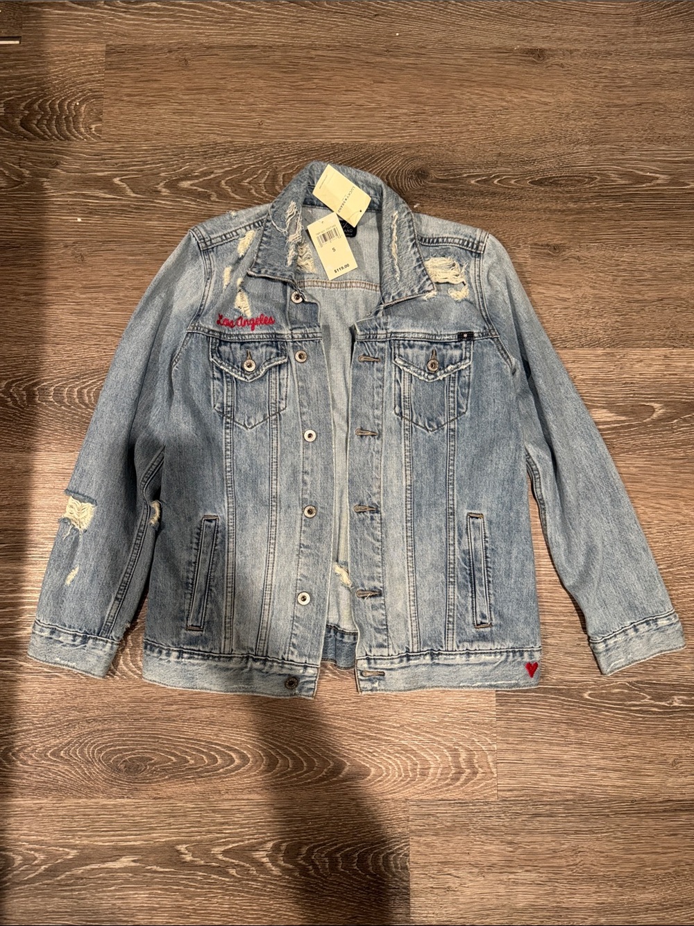 Lucky Brand Light Blue Distressed Denim Jacket with Embroidered Details